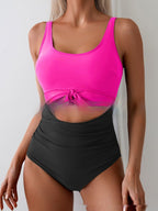 One-piece Female Stitching Contrast Color Strap Covered Belly Swimsuit Gronata
