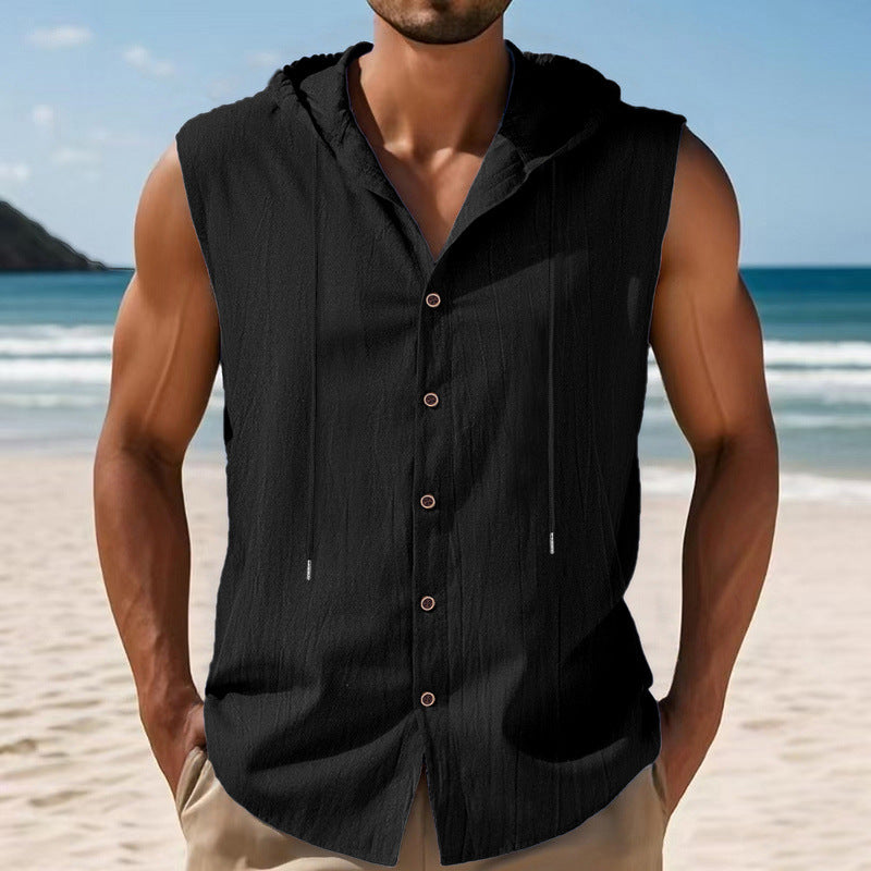 Mens Sleeveless Linen Hooded Shirt Gronata