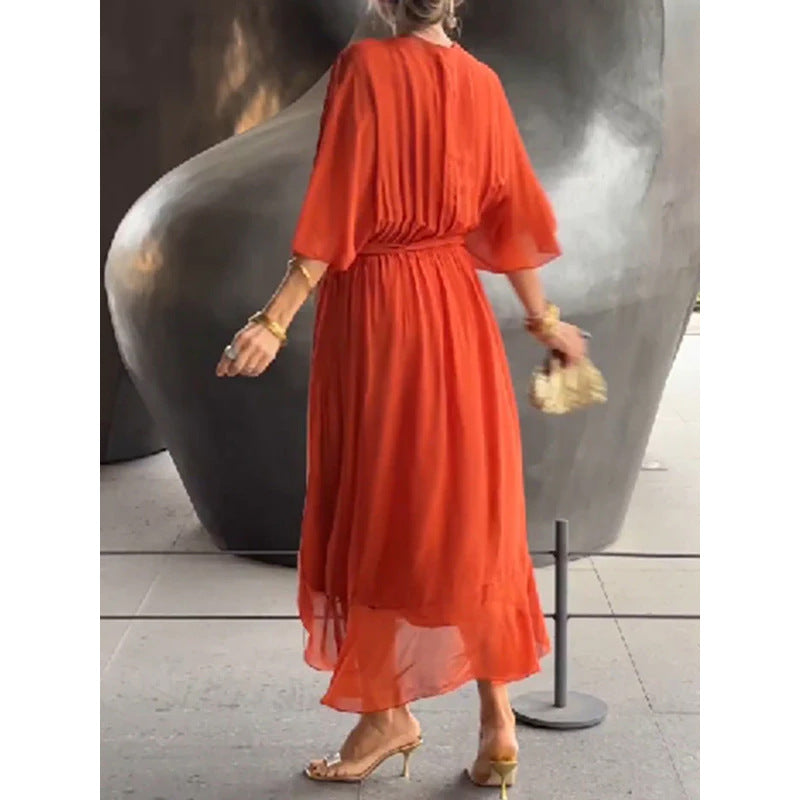 Batwing Sleeve V-neck Dress Summer Pure Color Tied Irregular Long Dresses Womens Clothing Gronata