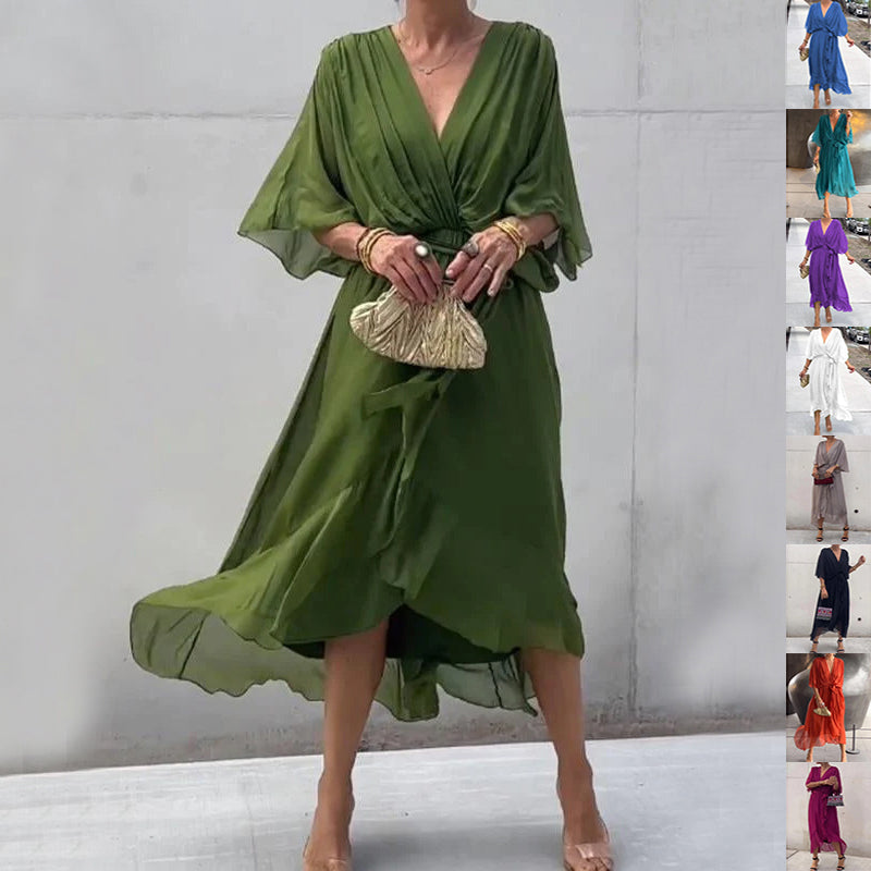 Batwing Sleeve V-neck Dress Summer Pure Color Tied Irregular Long Dresses Womens Clothing Gronata