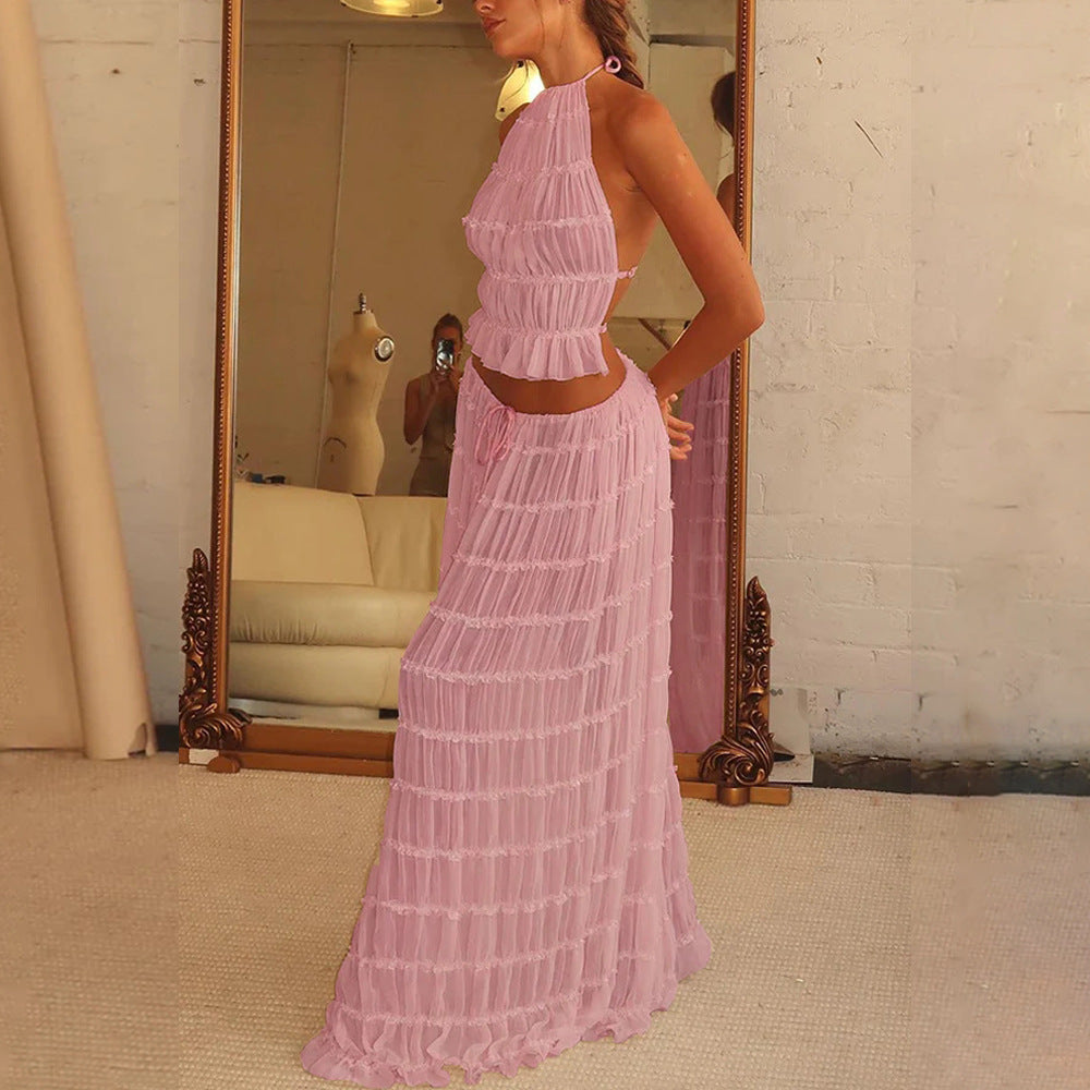 2pcs Women's Dress Suit Sexy Sleeveless Backless Cropped Halter Top And Pleated Long Skirt Beach Clothing Gronata