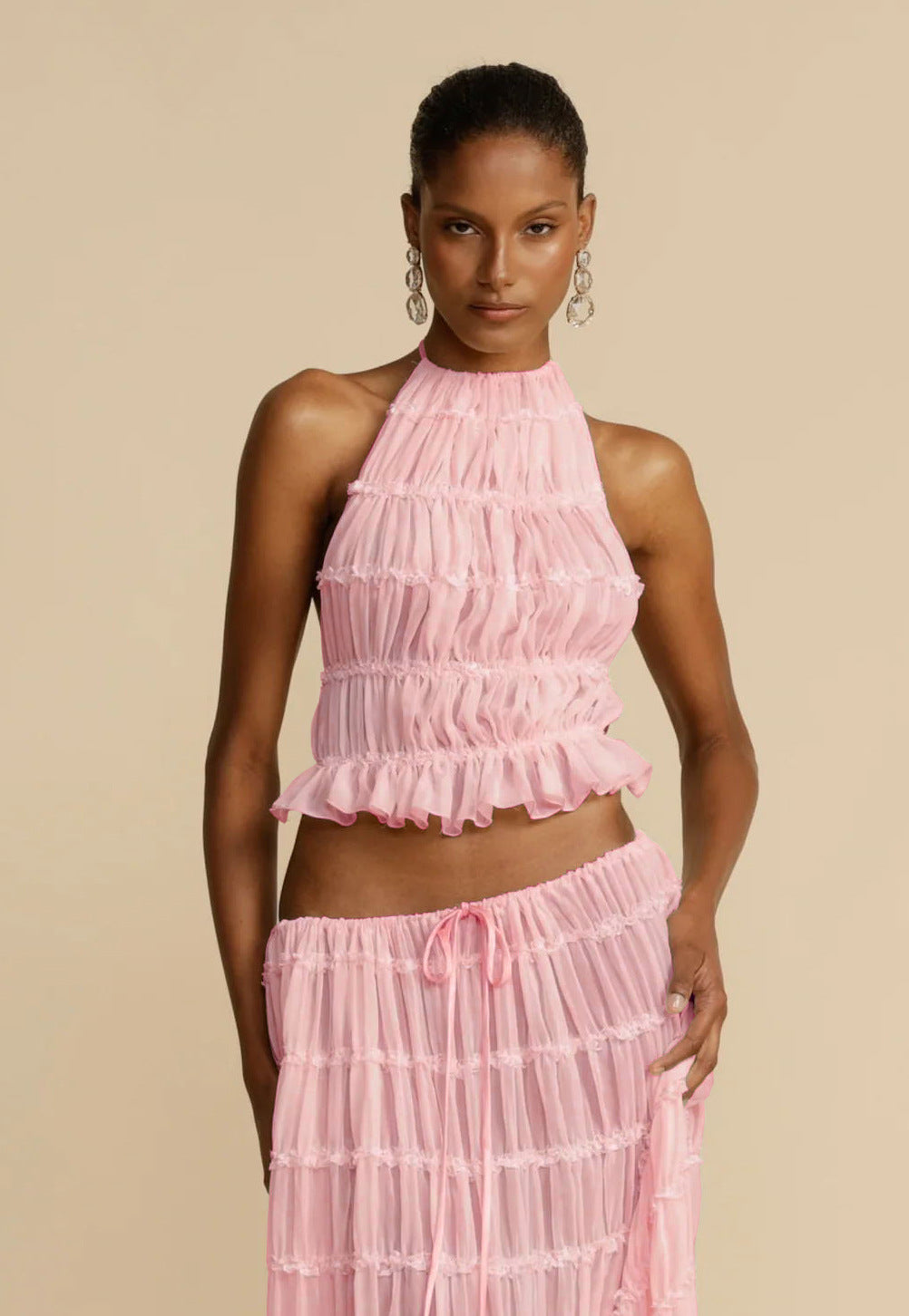 2pcs Women's Dress Suit Sexy Sleeveless Backless Cropped Halter Top And Pleated Long Skirt Beach Clothing Gronata
