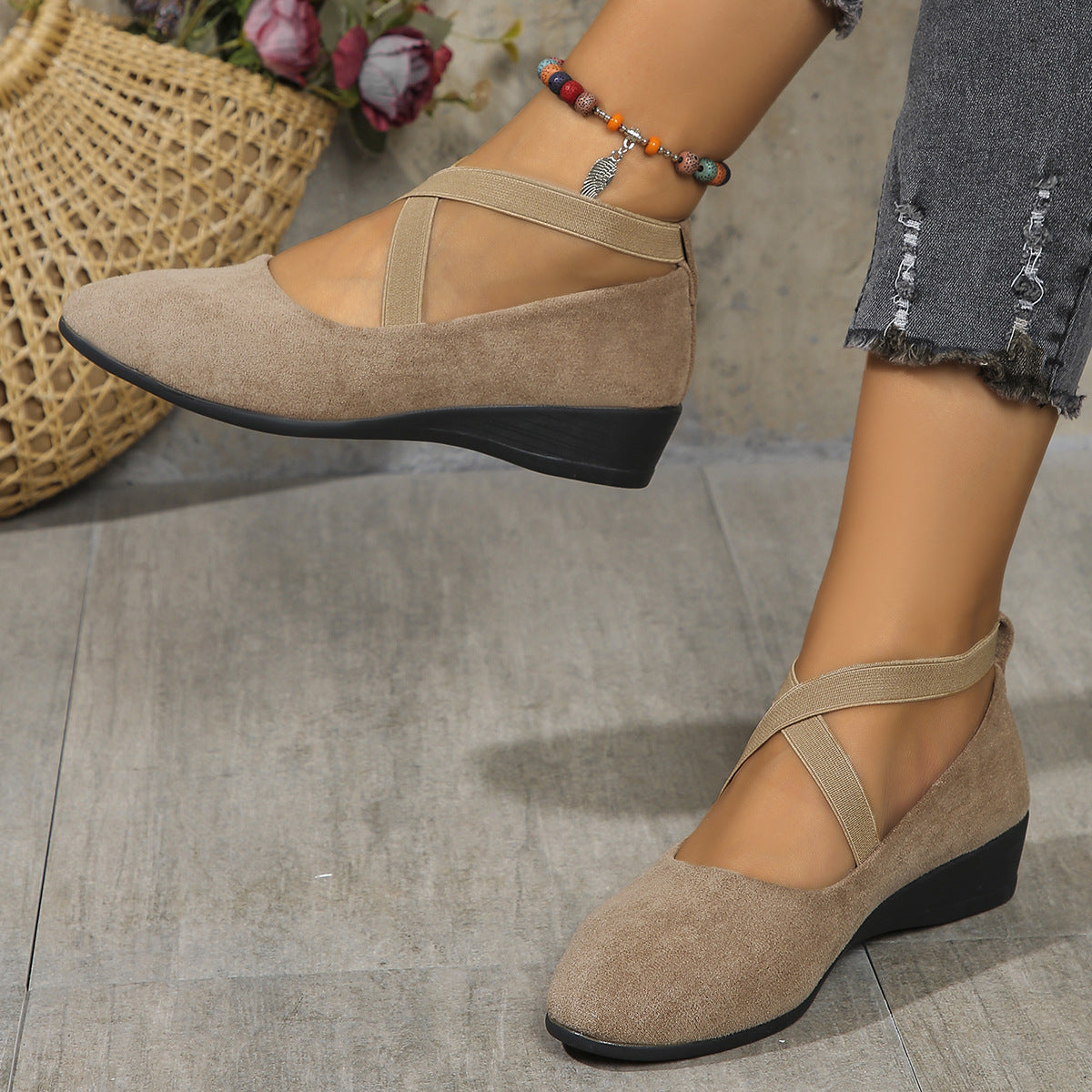 Women's Pointed Toe Wedges Shoes Fashion Cross-straped Flats Casual Pumps Gronata