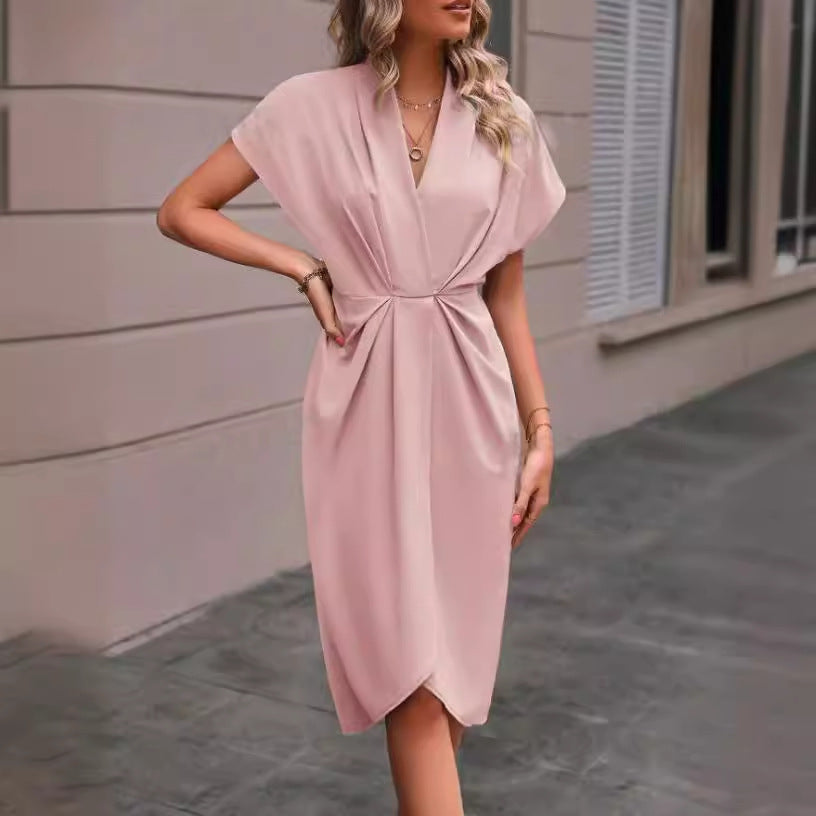 Summer Batwing Sleeve Dress Fashion V-neck Short Sleeve Pleated Dresses Womens Clothing Gronata