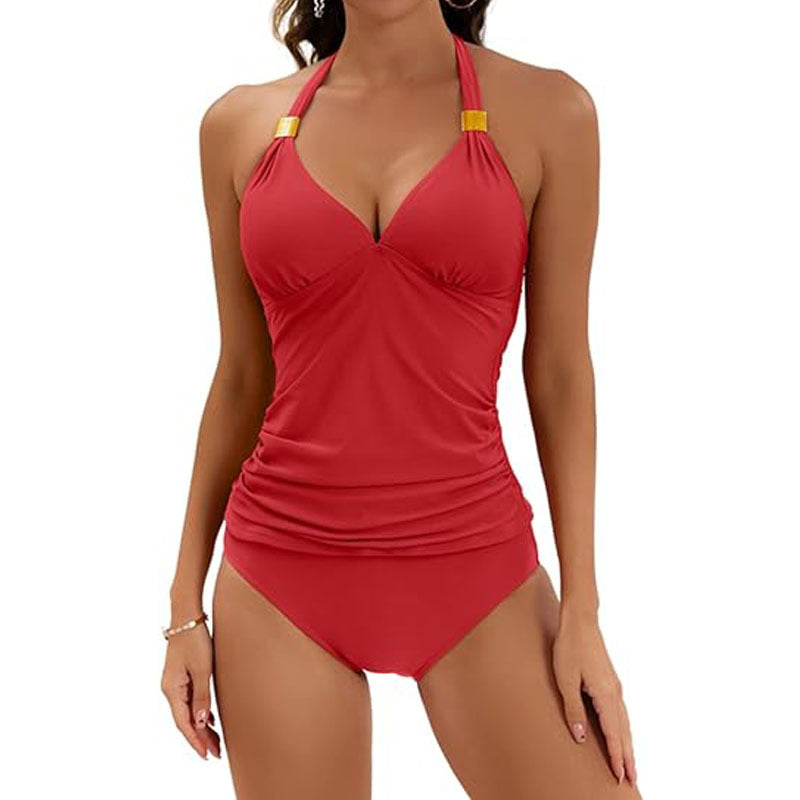 Women's Pure Color Halter Split Tie Two Piece Swimsuit Gronata
