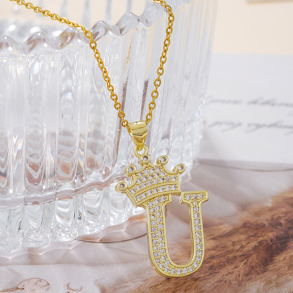 1PCS Fashionable Gold Diamond Crown Uppercase Letter Popular Pendant Necklace Suitable For Daily Use Festivals Parties Gifts Jewelry Set Gronata