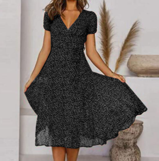 Printed V-Neck Short-Sleeved Lace-Up Dress Gronata