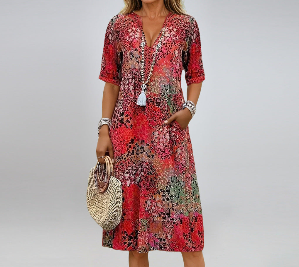 Summer V-neck Half-sleeved Dress With Pockets Fashion Ethnic Print Dresses Beach Holiday Clothing For Women Gronata