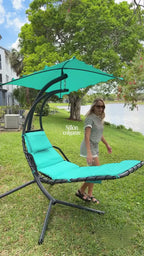 Outdoor Hanging Curved Steel Chaise Lounge Chair Swing w/Built-in Pillow and Removable Canopy