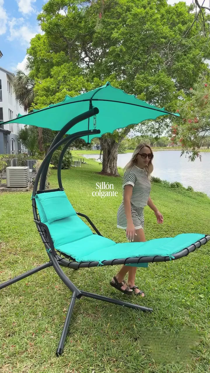Outdoor Hanging Curved Steel Chaise Lounge Chair Swing w/Built-in Pillow and Removable Canopy